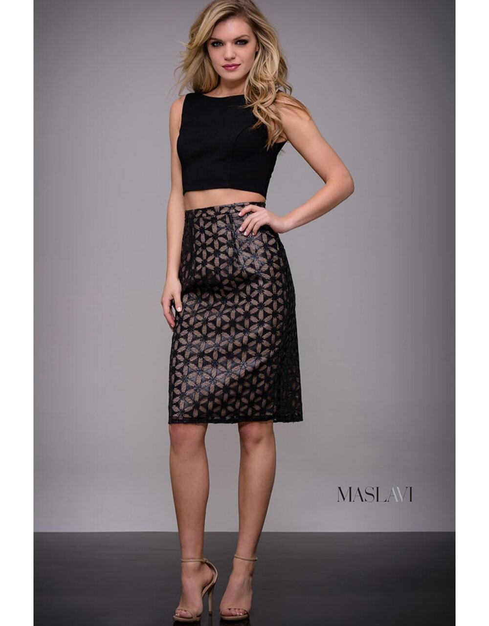 NWT Jovani Maslavi M542 2-Piece Black Lace Crop Top Midi Skirt Set 6